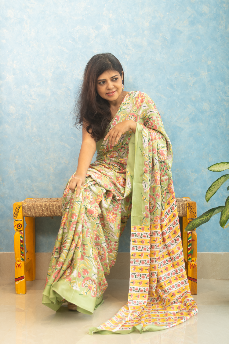 GREEN FLORAL PRINT MODAL SILK SARI