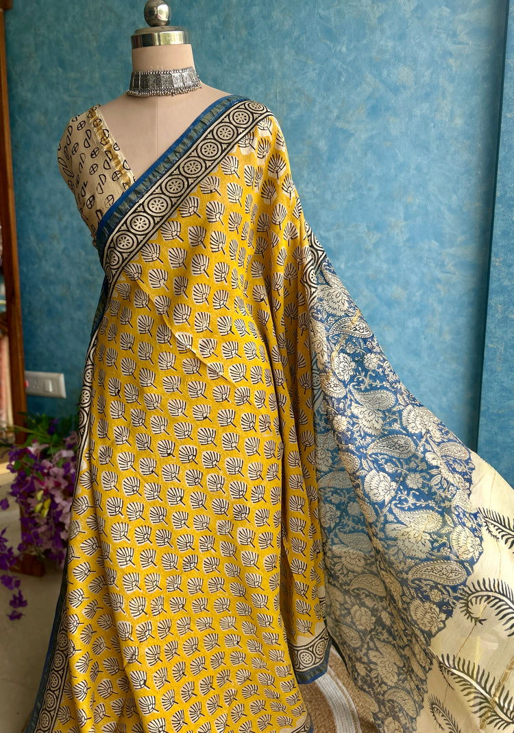 Golden Yellow Hand Block Printed Chanderi Sar