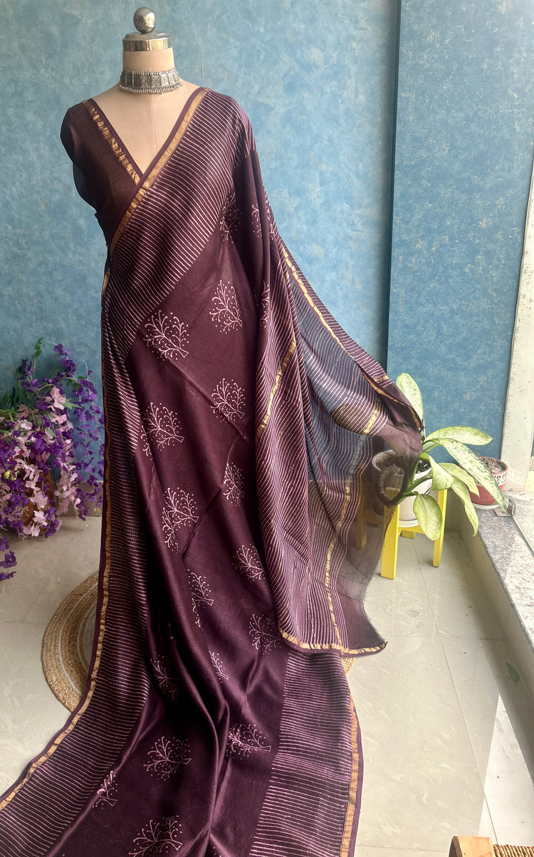 Plum Hand Block Printed Chanderi Sar