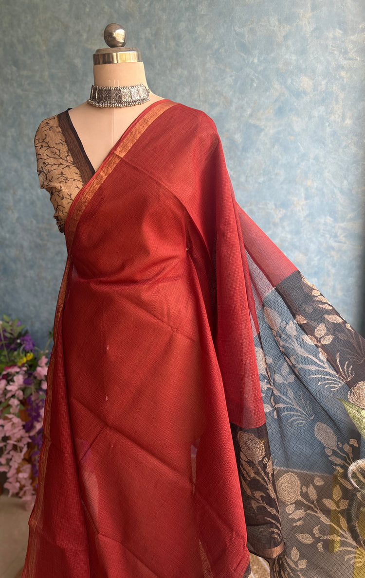 Rust HandBlock Printed Kota Sari
