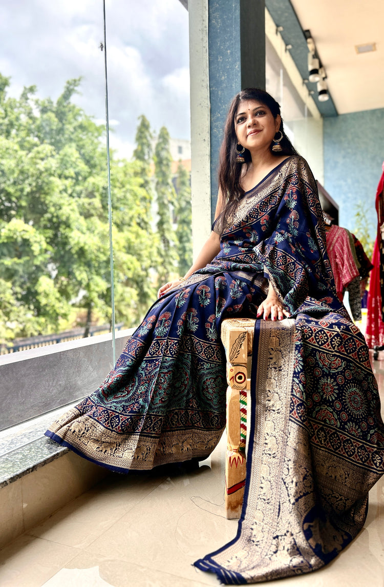INDIGO AJRAK BLOCK PRINTED DOLA SILK SARI