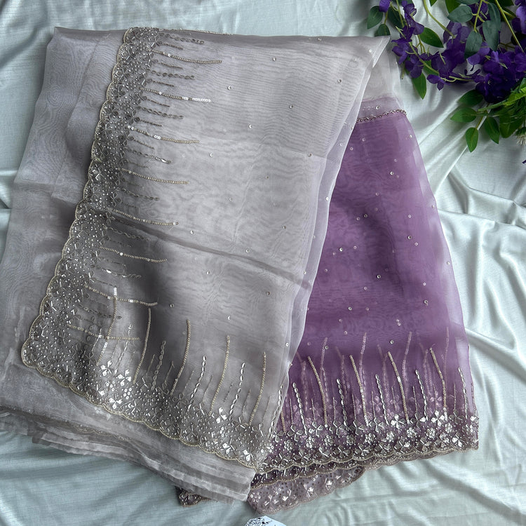 Mauve and Perl Colour Hand Embroidery on Organza Sari