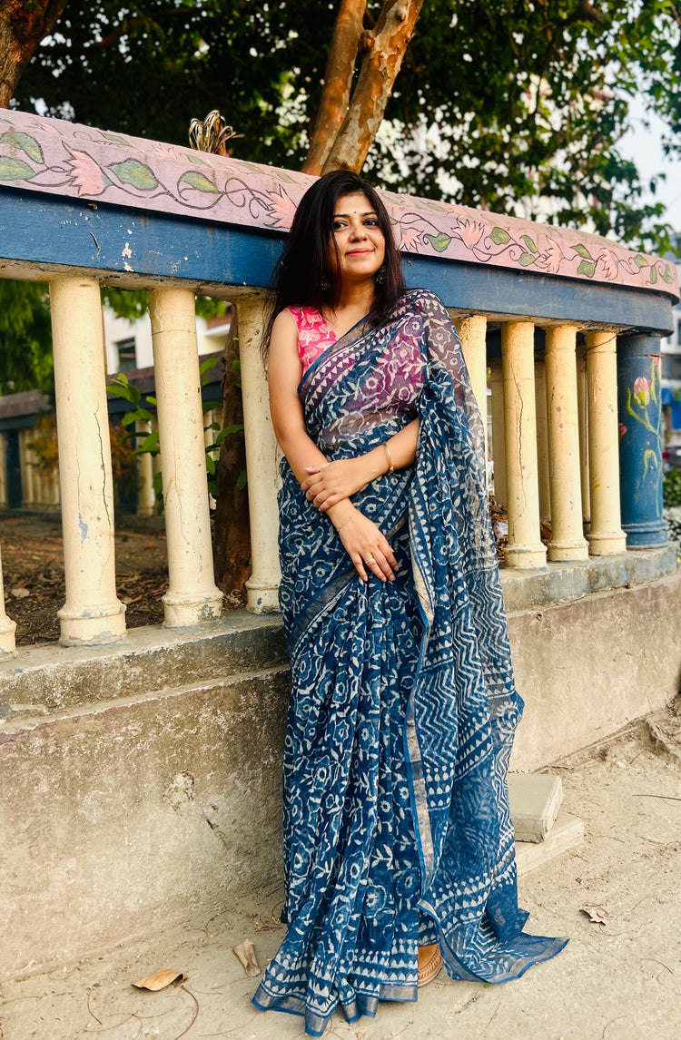 Indigo HandBlock Printed Kota Sari