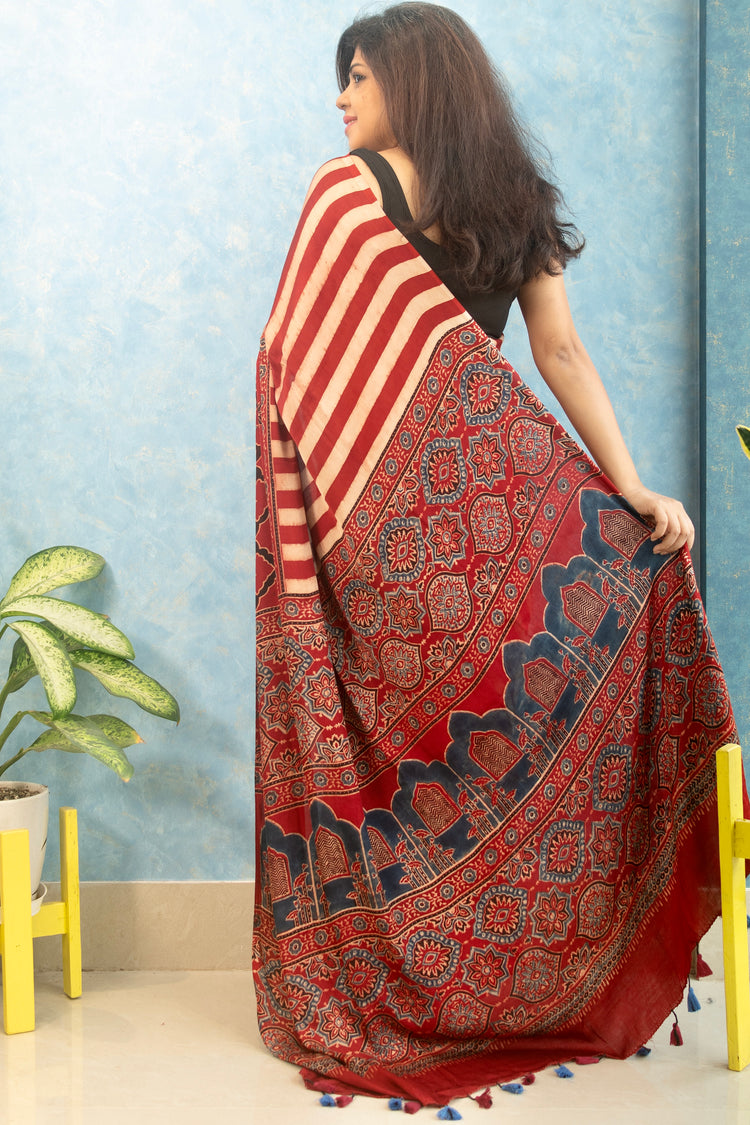 RUBY RED AJRAK BLOCK PRINTED MODAL SILK SARI