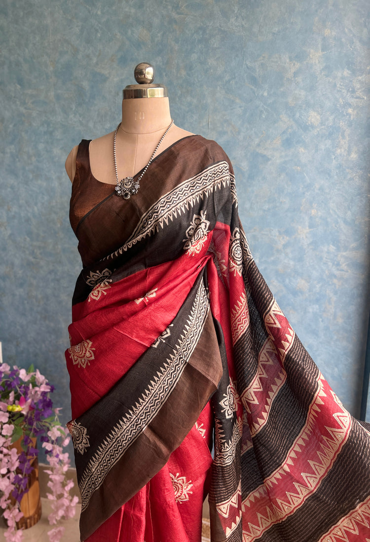 Red Black Handblock With Hand Embroidery on Pure Tussar Silk