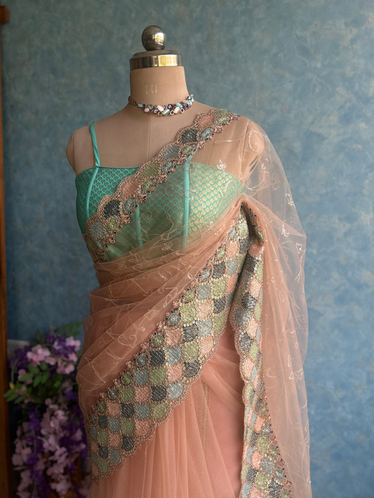 Peach Shades Designer Net Sari
