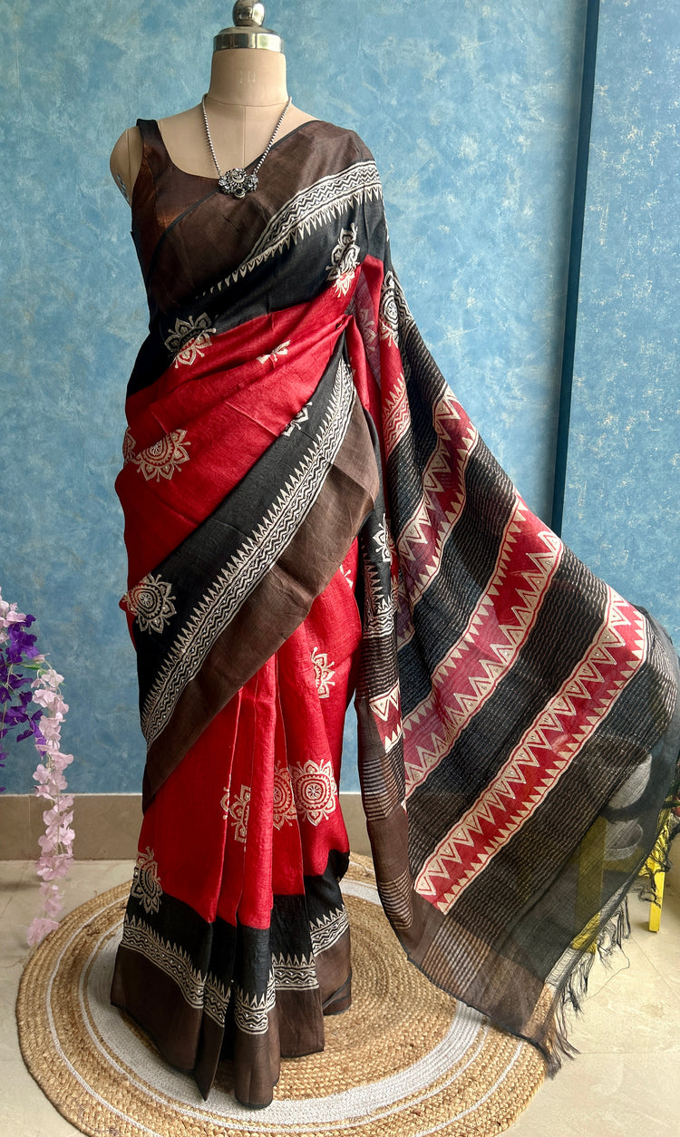 Red Black Handblock With Hand Embroidery on Pure Tussar Silk