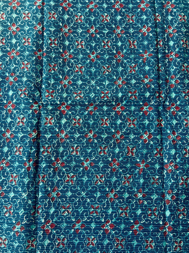 Prussian Ajrakh Print with kantha stitch on Cotton Fabric