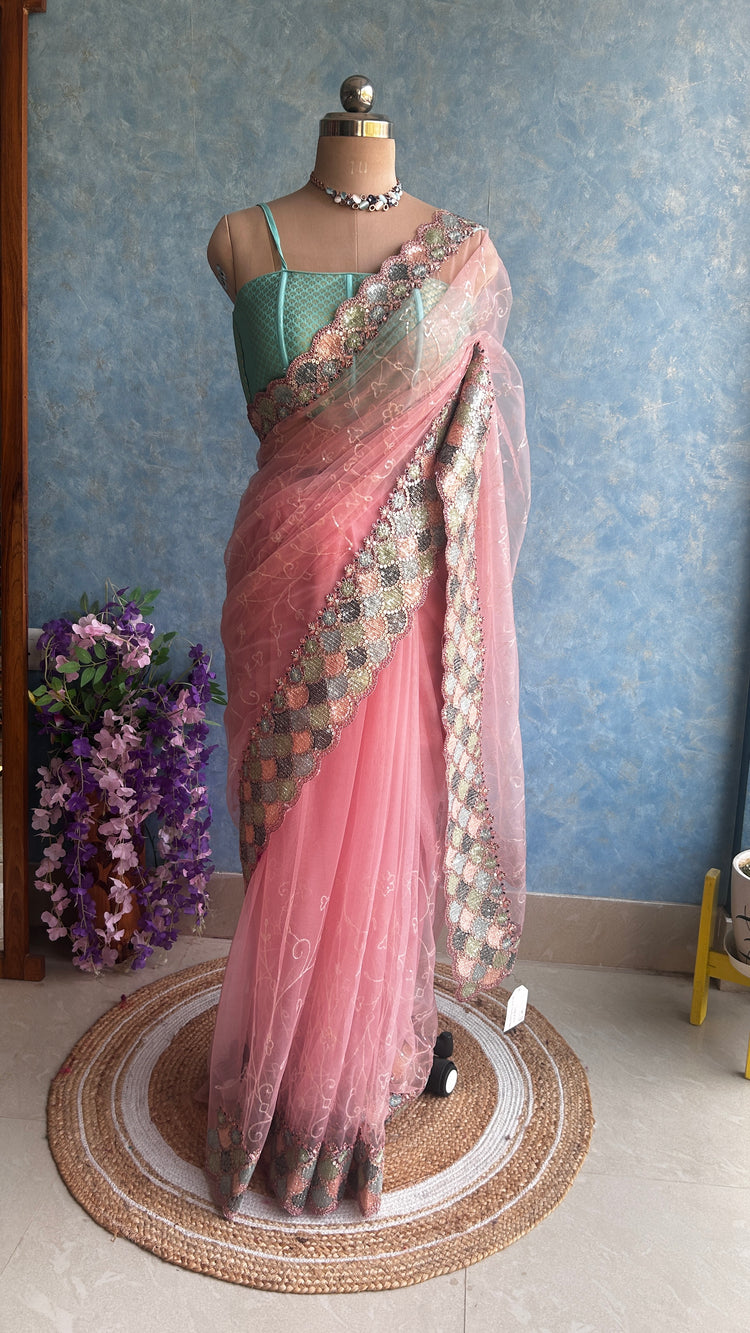 Pastle Pink Designer Net Sari