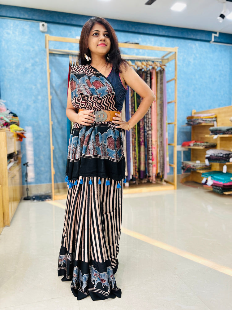 BLACK AJRAK BLOCK PRINTED MODAL SILK SARI