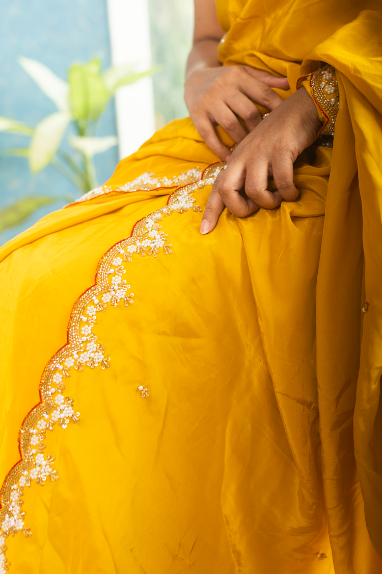 Yellow Crape Saree with Hand Embroidery Work