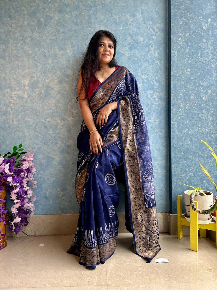 PURPLE AJRAK BLOCK PRINTED DOLA SILK SARI