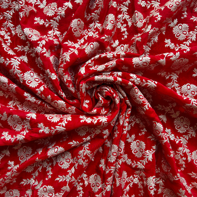 Red Crepe Jacqaurd Zari Woven Fabric