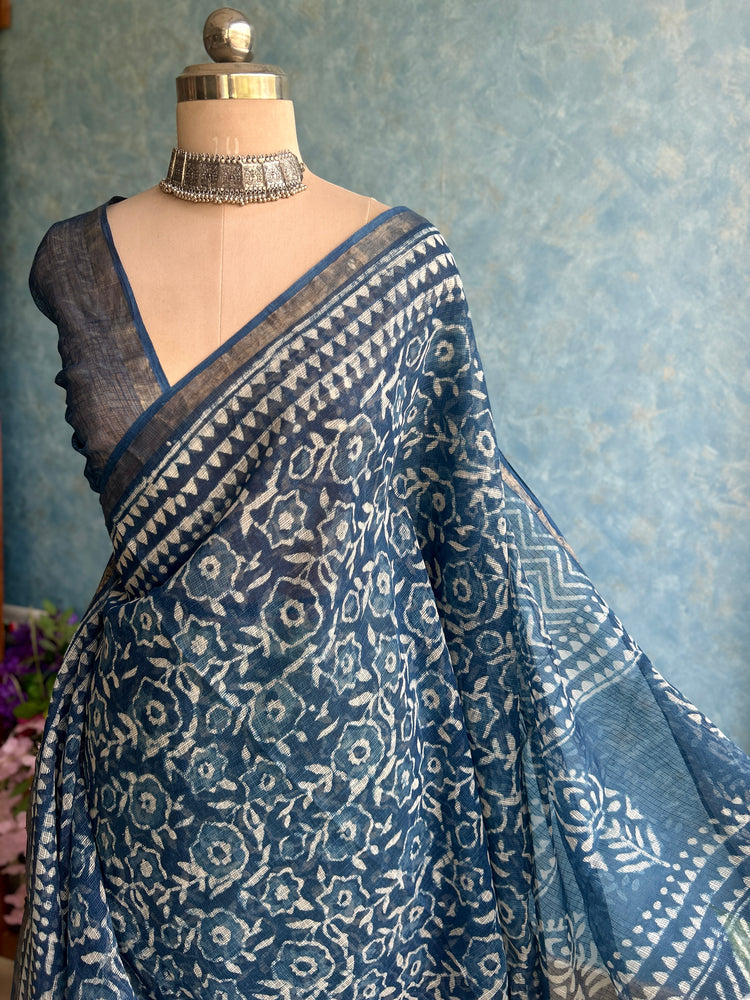 Indigo HandBlock Printed Kota Sari