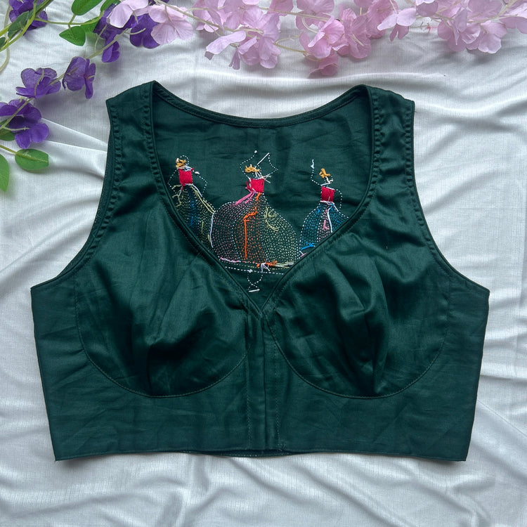 Dark Green Thread Work Cotton Blouse
