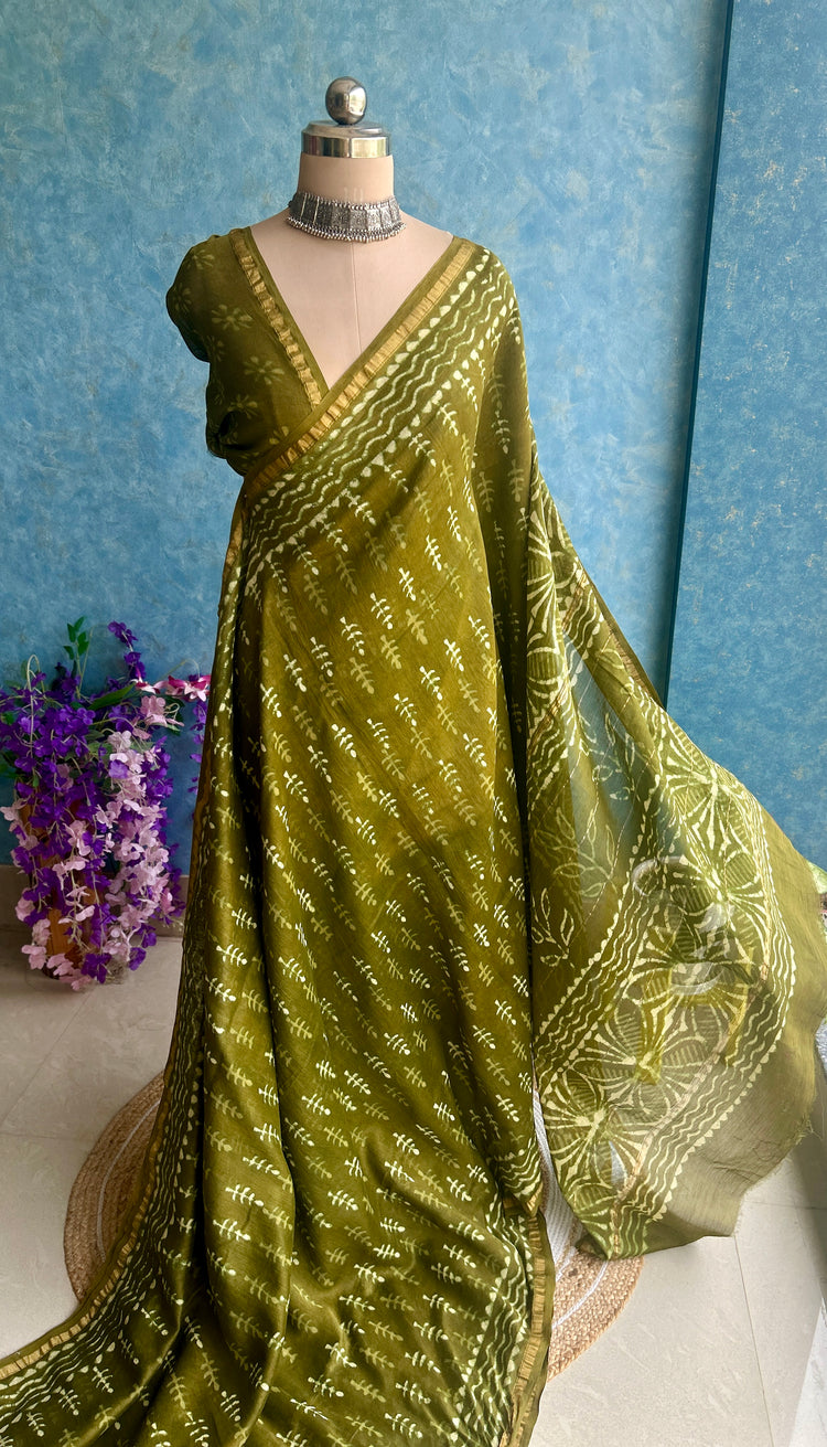 Mahendi Green Hand Block Printed Chanderi Sari