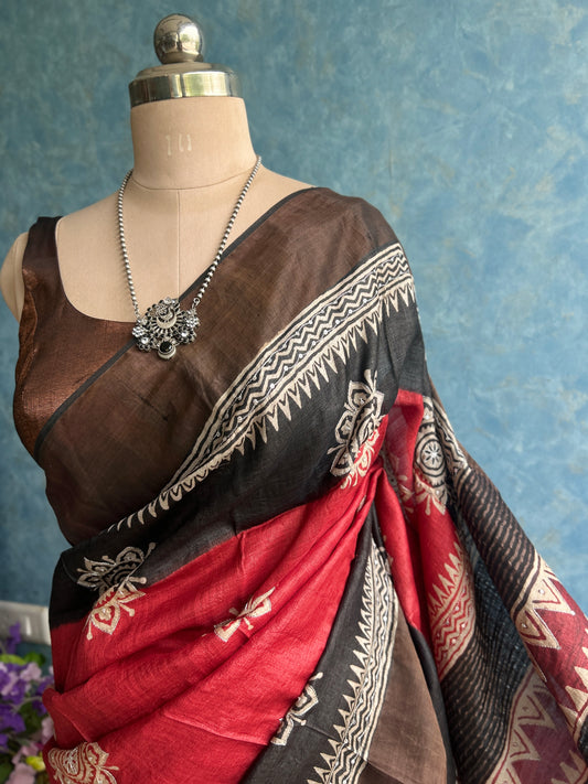 Red Black Handblock With Hand Embroidery on Pure Tussar Silk