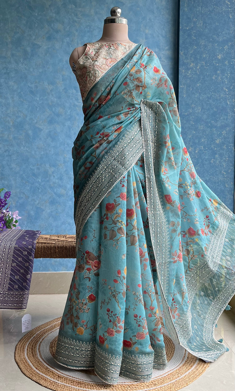 Powder Blue Digital Printed Chanderi Sari