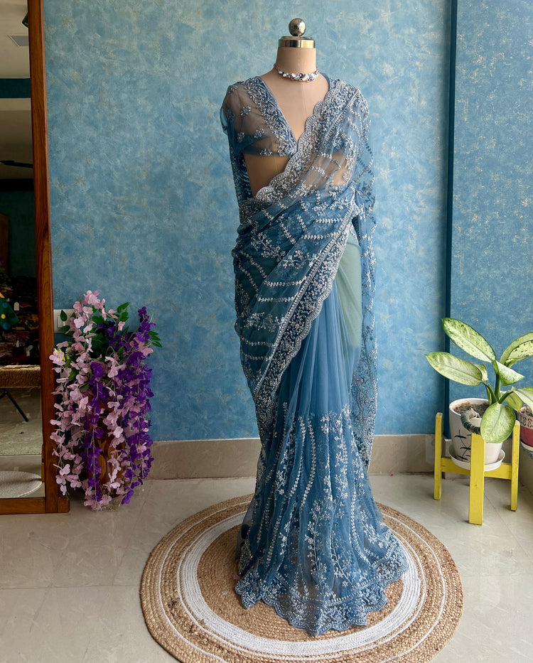Stone Blue Designer Net Sari