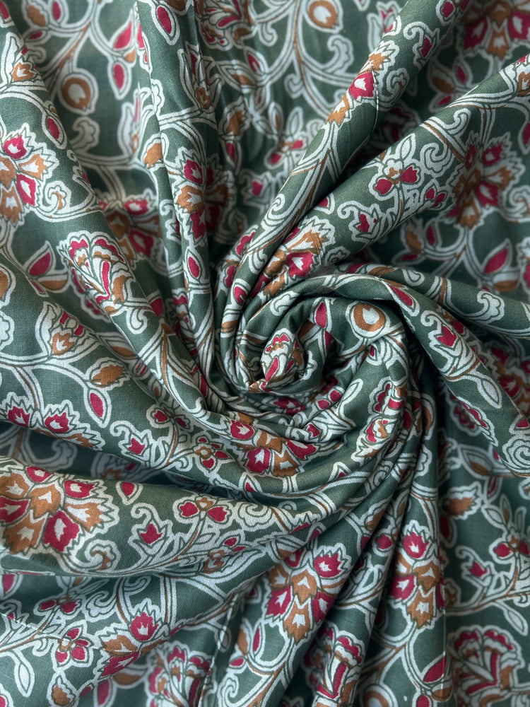 Sap Green Floral Printed Cotton Fabric