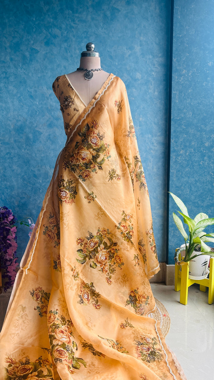 Coral Peach Kora Handwoven Pure Silk by Silk Sari