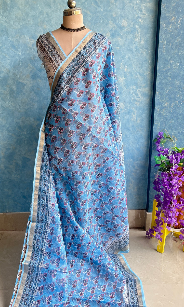 Powder Blue HandBlock Printed Kota Sari