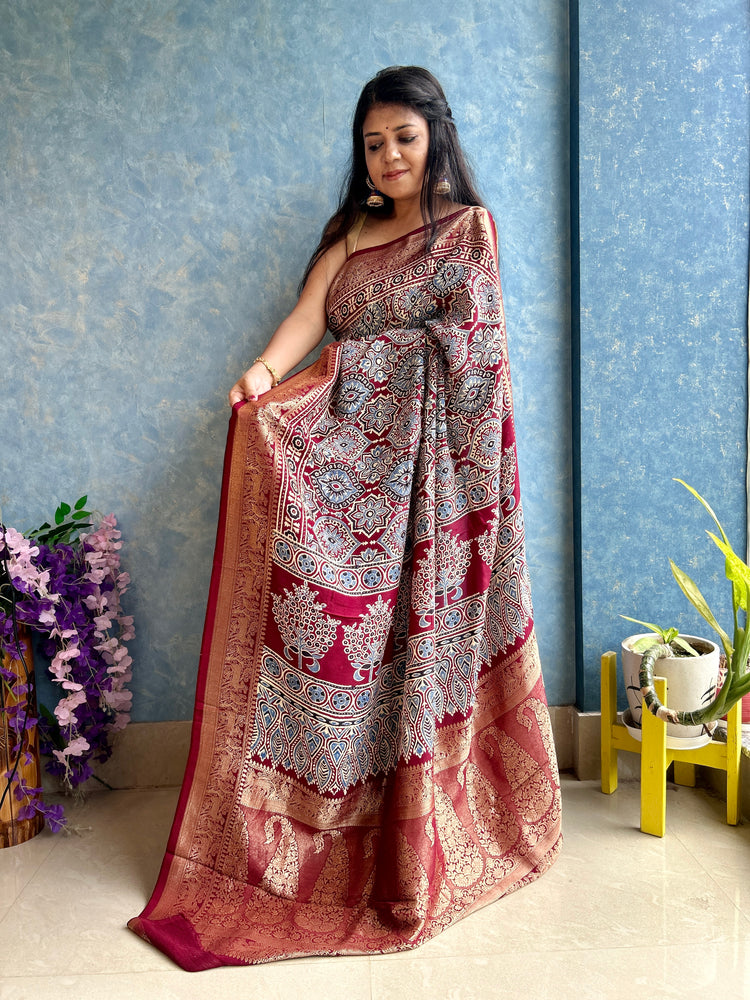 MAROON AJRAK BLOCK PRINTED DOLA SILK SARI