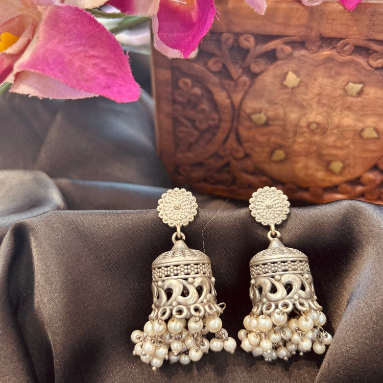White Perl Silver Oxidised Jhumka