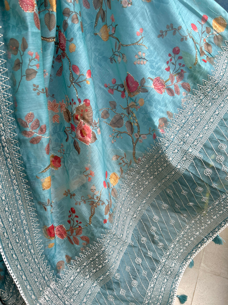 Powder Blue Digital Printed Chanderi Sari