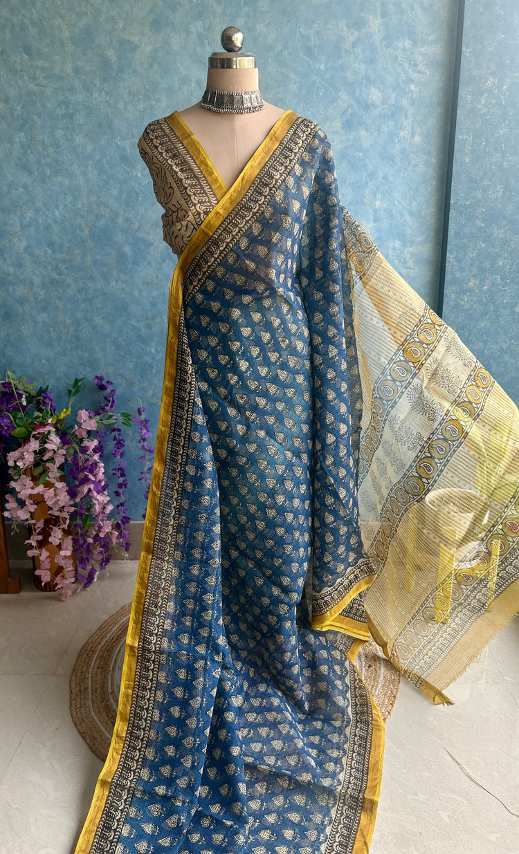Steel Blue HandBlock Printed Kota Sari