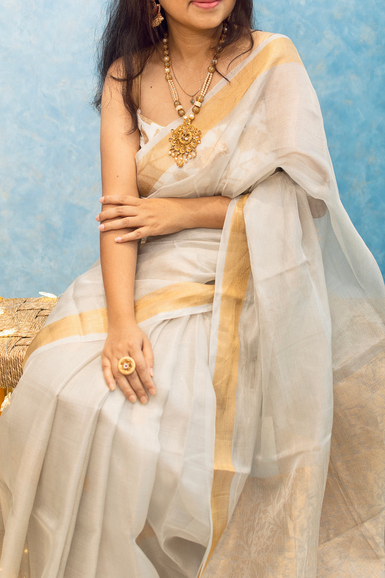 Perl White Tissue Tussar Silk Sari