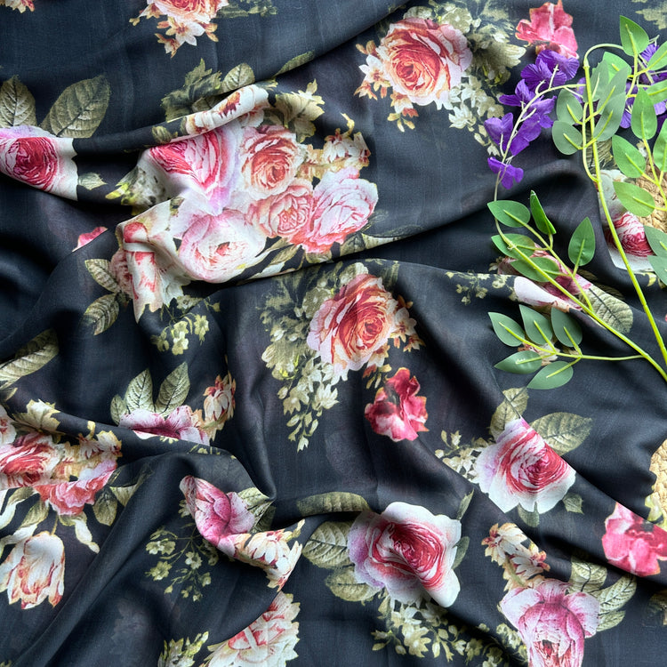 Crepe Chiffon Vintage Black Printed Saree