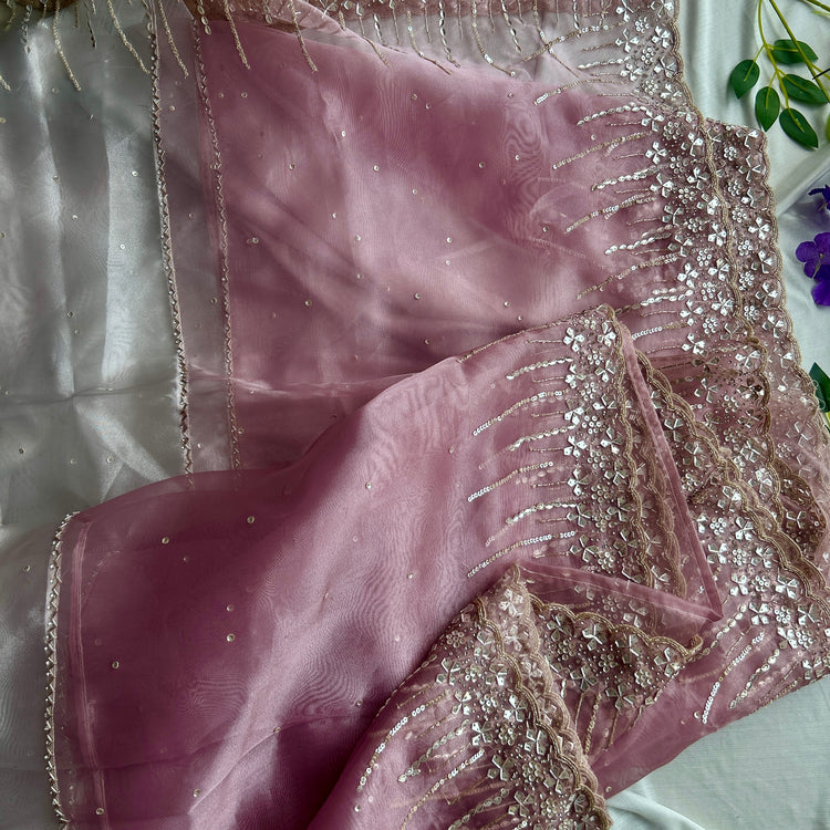 Plum and Perl Colour Hand Embroidery on Organza Sari