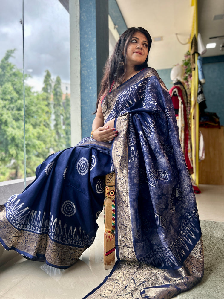 PURPLE AJRAK BLOCK PRINTED DOLA SILK SARI