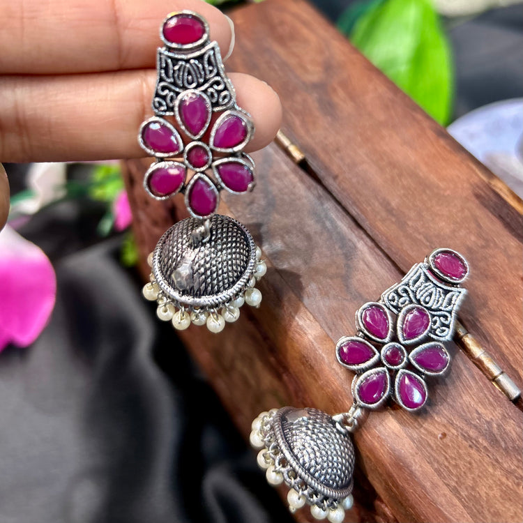 Rani Pink Stone Oxidised Jhumka