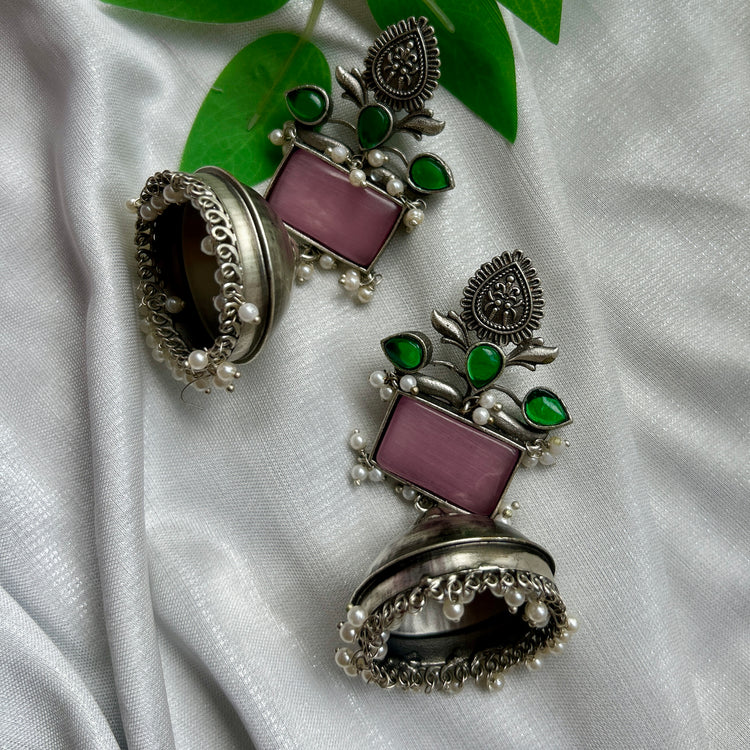 Baby Pink Silver Oxidised Jhumka