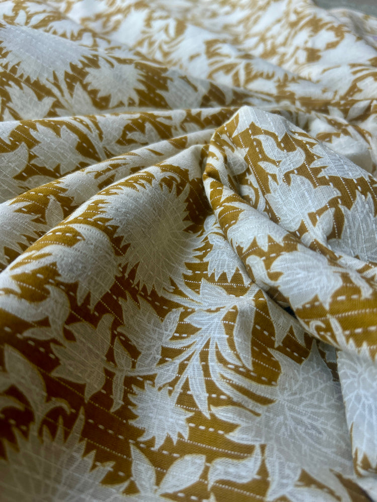 Mustard Ajrakh Print with kantha on Cotton Fabric