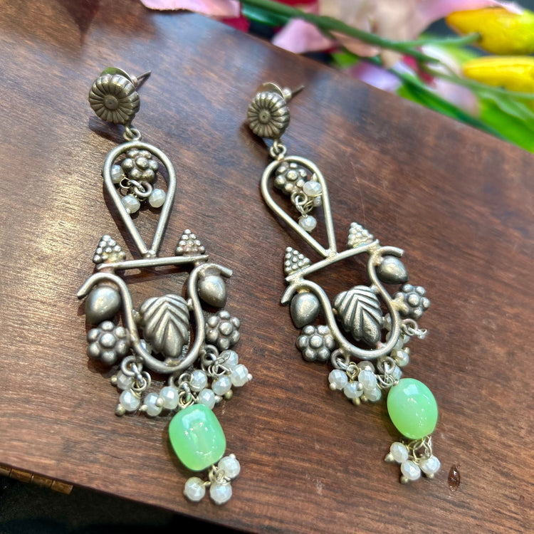 Green Beads Silver Oxidised Earrings