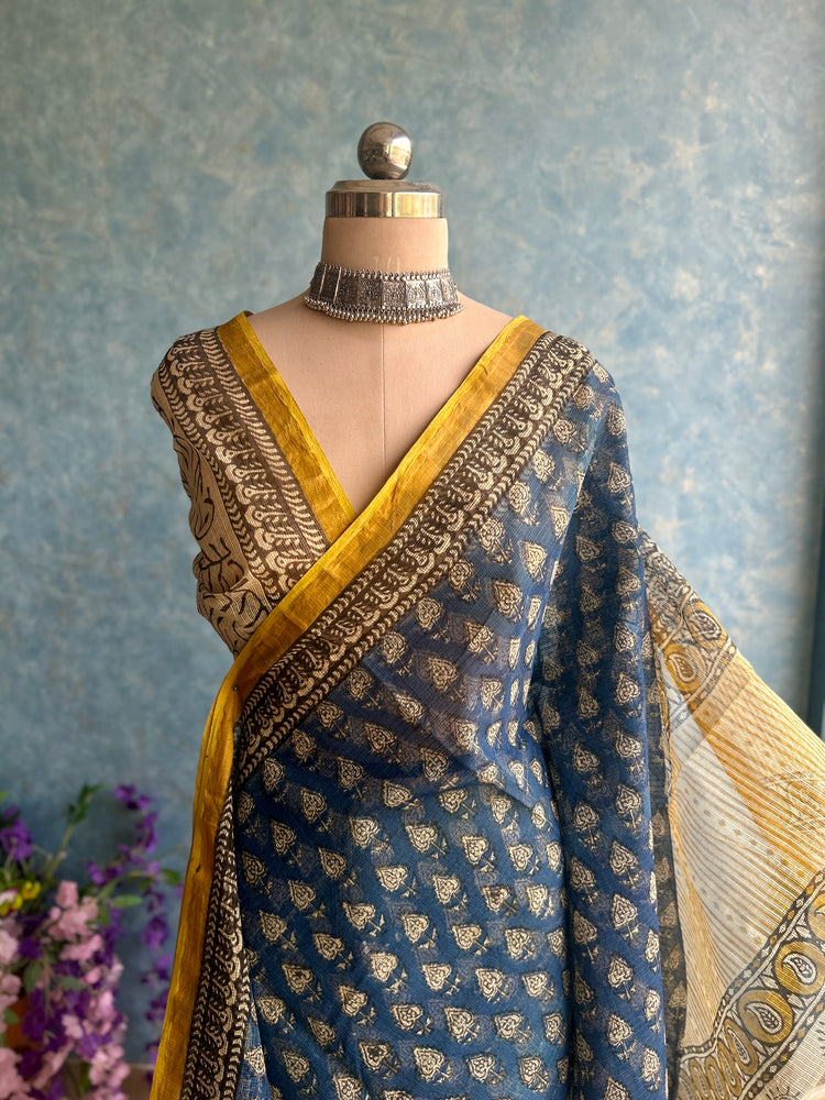 Steel Blue HandBlock Printed Kota Sari