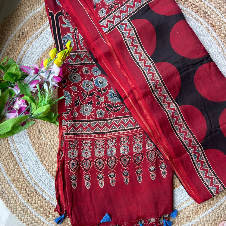MAROON AND BLACK AJRAK BLOCK PRINTED MODAL SILK SARI
