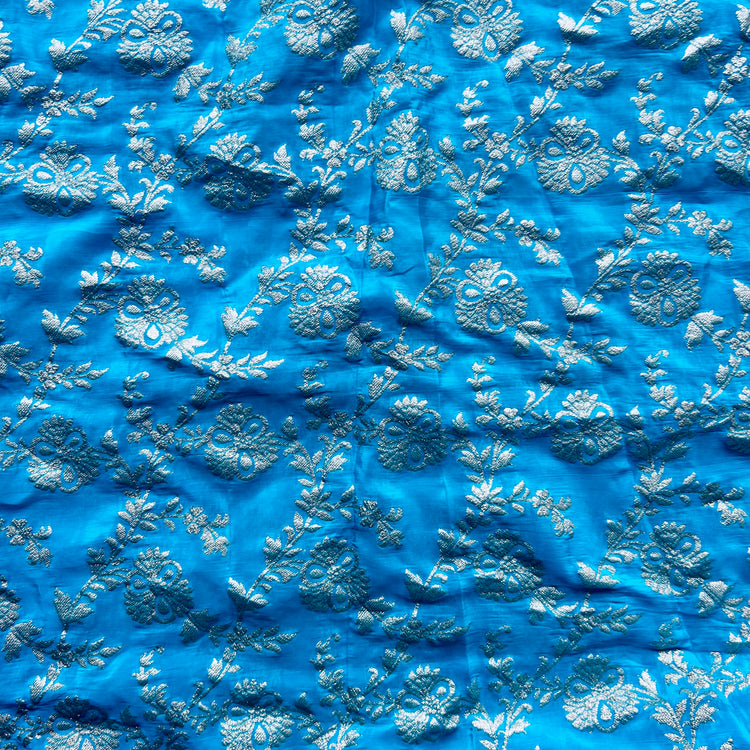Sky Blue Crepe Jacqaurd Zari Woven Fabric