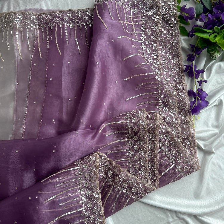 Mauve and Perl Colour Hand Embroidery on Organza Sari
