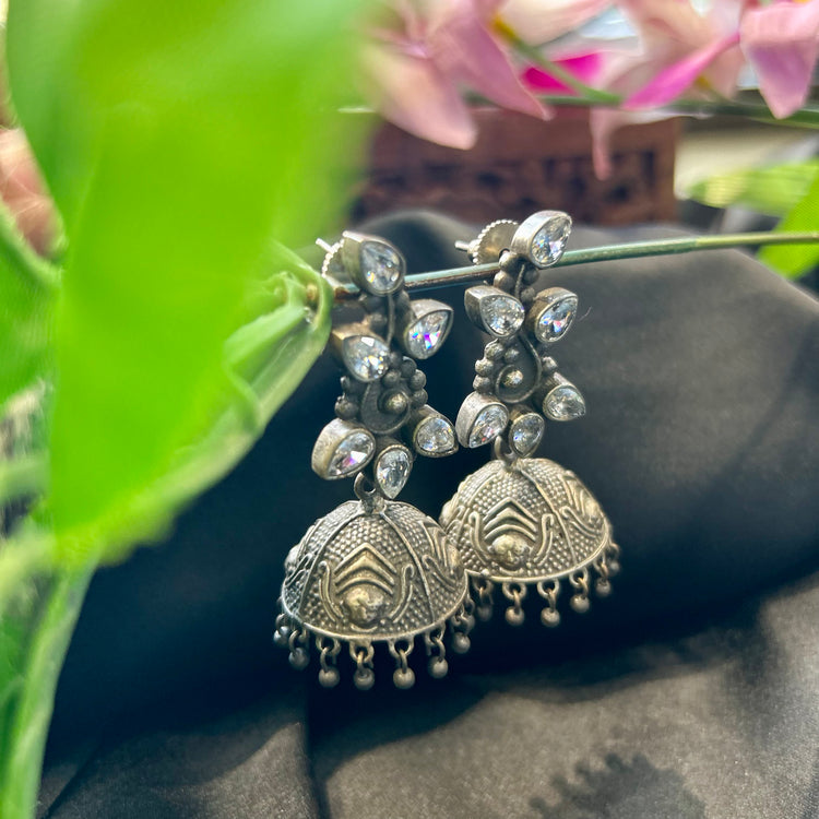 White Stone Silver Oxidised Jhumka