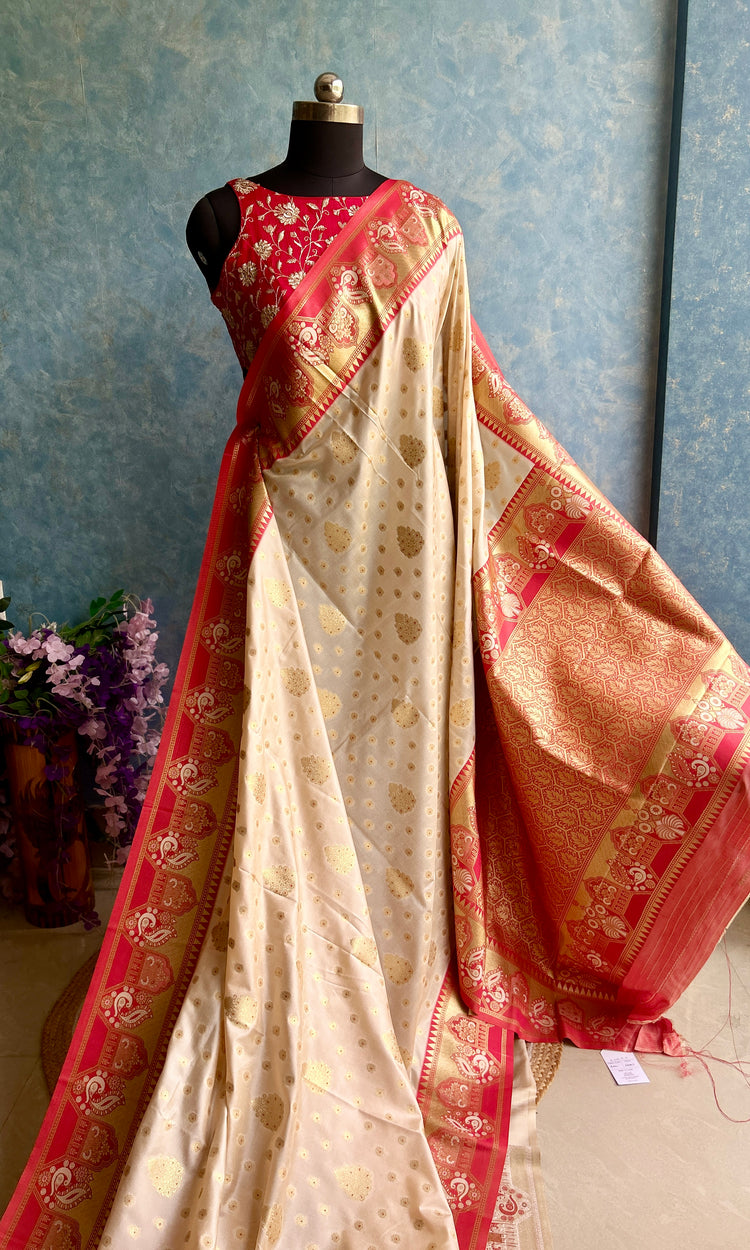 Golden Zari Red Soft Silk Sari