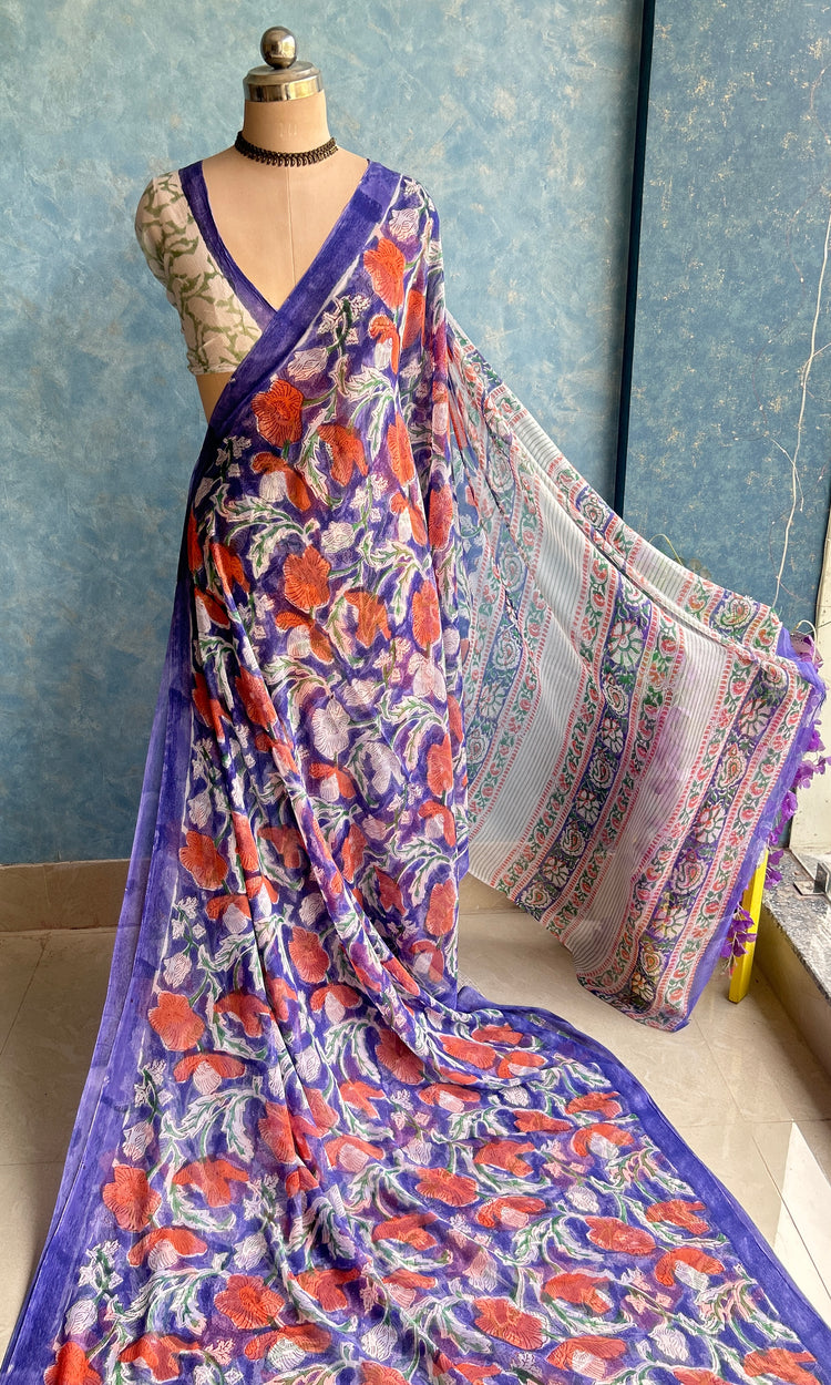 Purple Chiffon Handblock Printed Saree