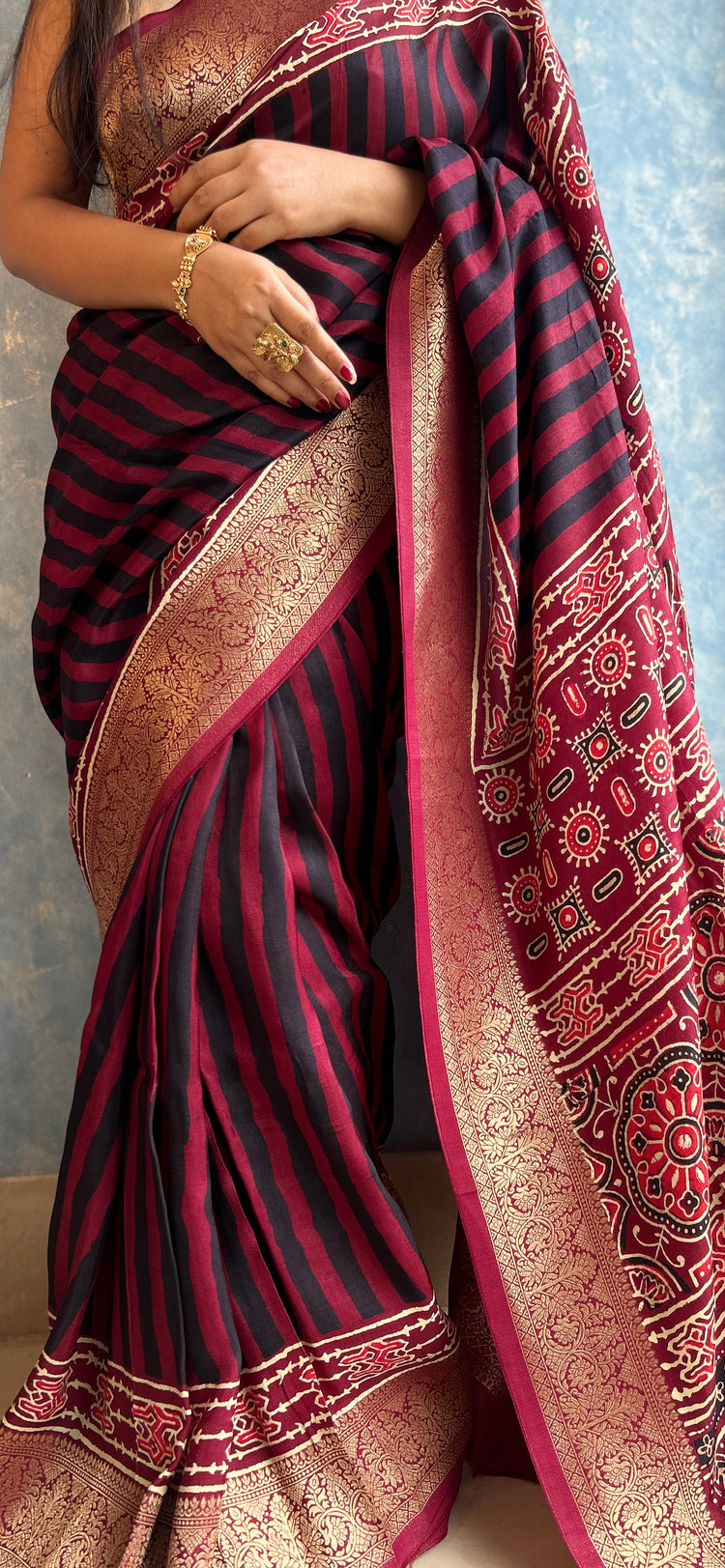 MAROON AJRAK BLOCK PRINTED DOLA SILK SARI
