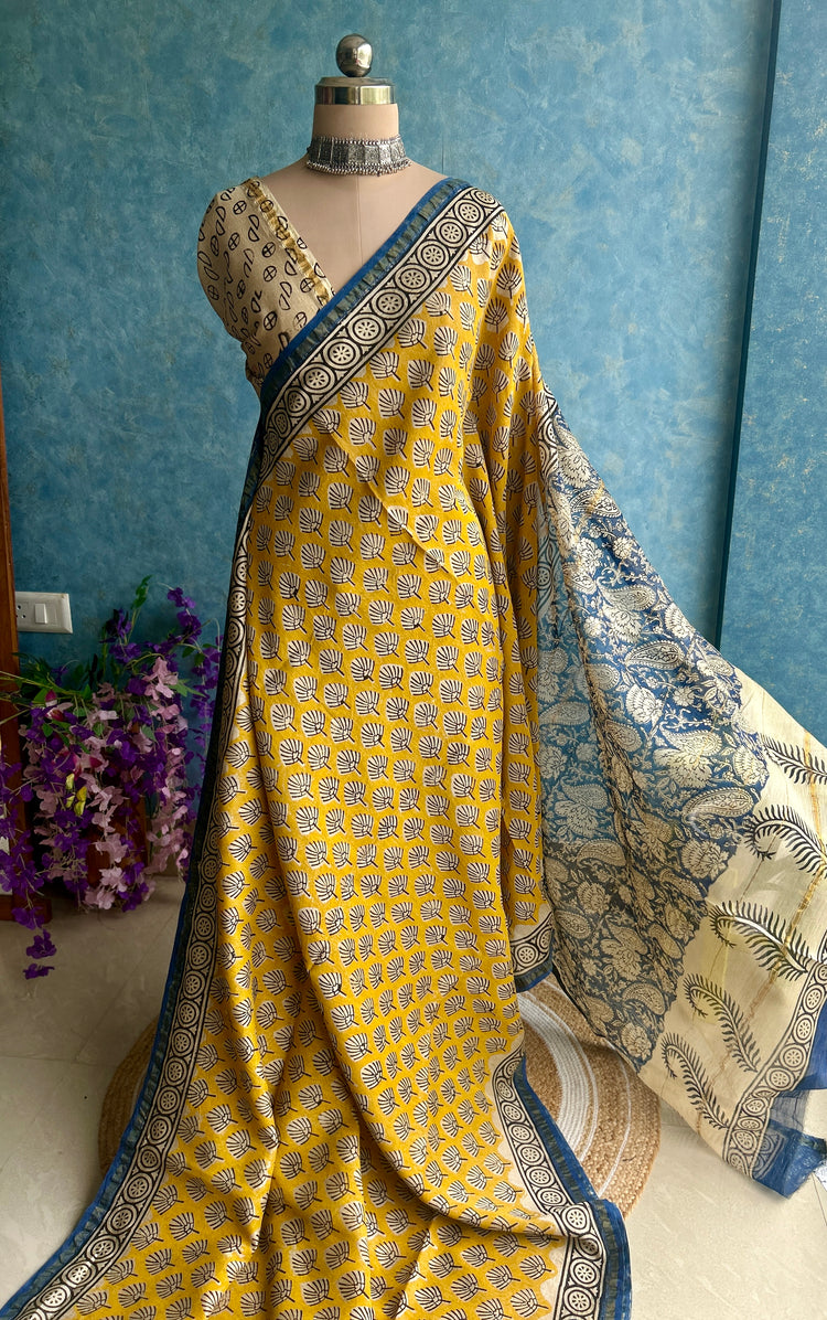 Golden Yellow Hand Block Printed Chanderi Sar