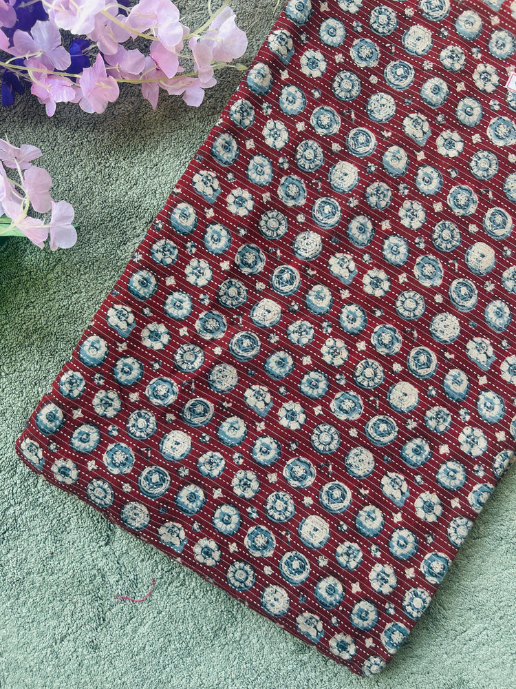 Maroon Ajrakh Print with kantha stitch on Cotton Fabric