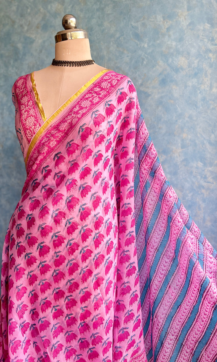 Pink Chiffon Handblock Printed Saree