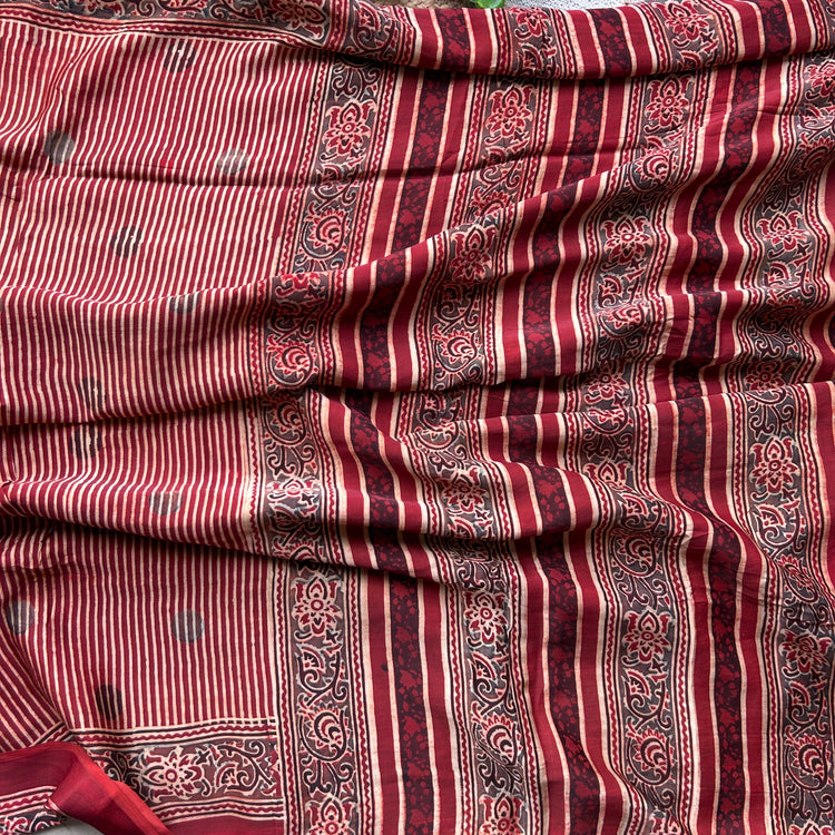 RUSTIC RED AJRAK BLOCK PRINTED MODAL SILK SARI